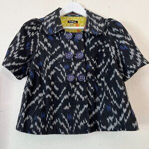 Taikonhu Anthropologie Short Sleeve Black Ikat Print Boxy Crop Jacket 10 Ethnic